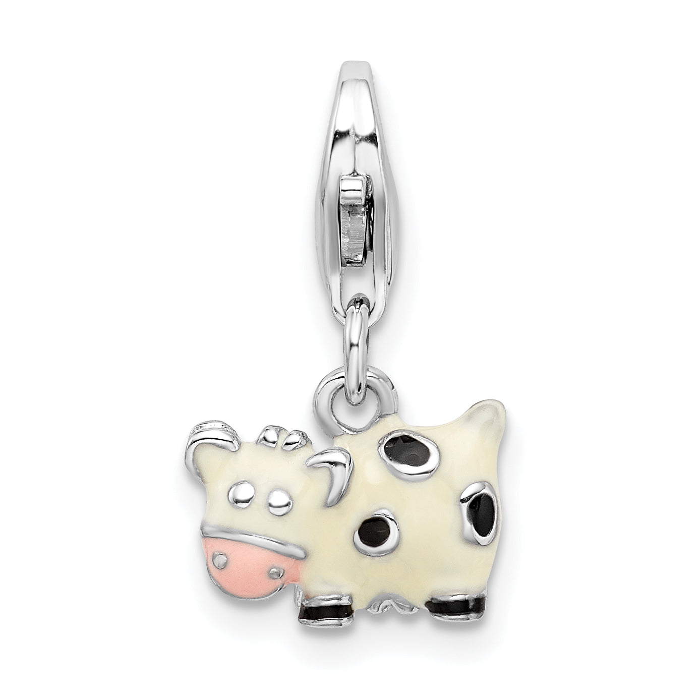 Sterling Silver Amore La Vita Rhodium-Plated Polished 3-D Enameled Cow Charm With Fancy Lobster Clasp