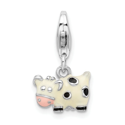 Sterling Silver Amore La Vita Rhodium-Plated Polished 3-D Enameled Cow Charm With Fancy Lobster Clasp