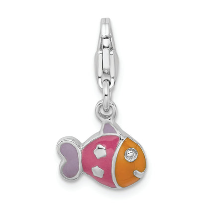 Sterling Silver Rhodium-Plated 3-D Enameled Fish W/Lobster Clasp Charm