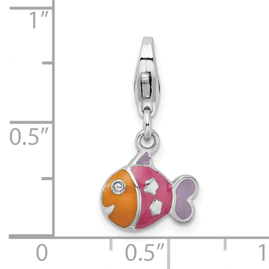 Sterling Silver Rhodium-Plated 3-D Enameled Fish W/Lobster Clasp Charm
