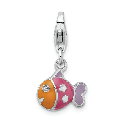 Sterling Silver Rhodium-Plated 3-D Enameled Fish W/Lobster Clasp Charm