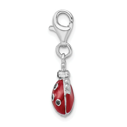 Sterling Silver Amore La Vita Rhodium-Plated Polished 3-D Cz Enameled Lady Bug Charm With Fancy Lobster Clasp