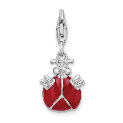 Sterling Silver Amore La Vita Rhodium-Plated Polished 3-D Cz Enameled Lady Bug Charm With Fancy Lobster Clasp