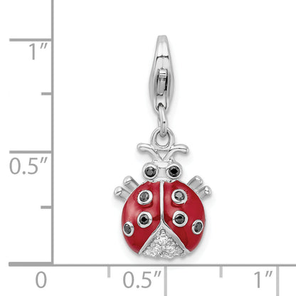 Sterling Silver Amore La Vita Rhodium-Plated Polished 3-D Cz Enameled Lady Bug Charm With Fancy Lobster Clasp