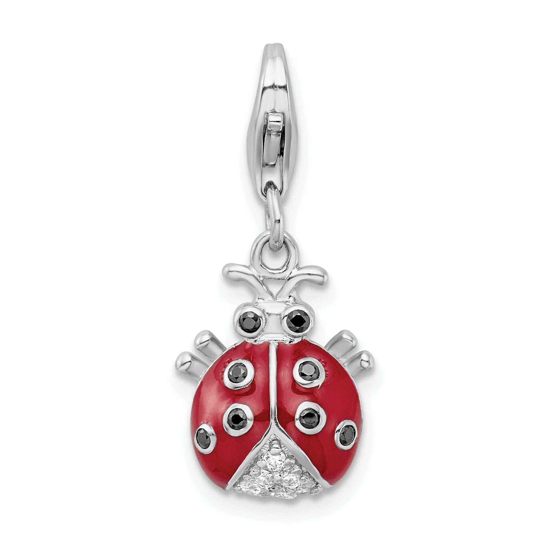 Sterling Silver Amore La Vita Rhodium-Plated Polished 3-D Cz Enameled Lady Bug Charm With Fancy Lobster Clasp
