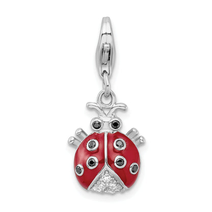 Sterling Silver Amore La Vita Rhodium-Plated Polished 3-D Cz Enameled Lady Bug Charm With Fancy Lobster Clasp