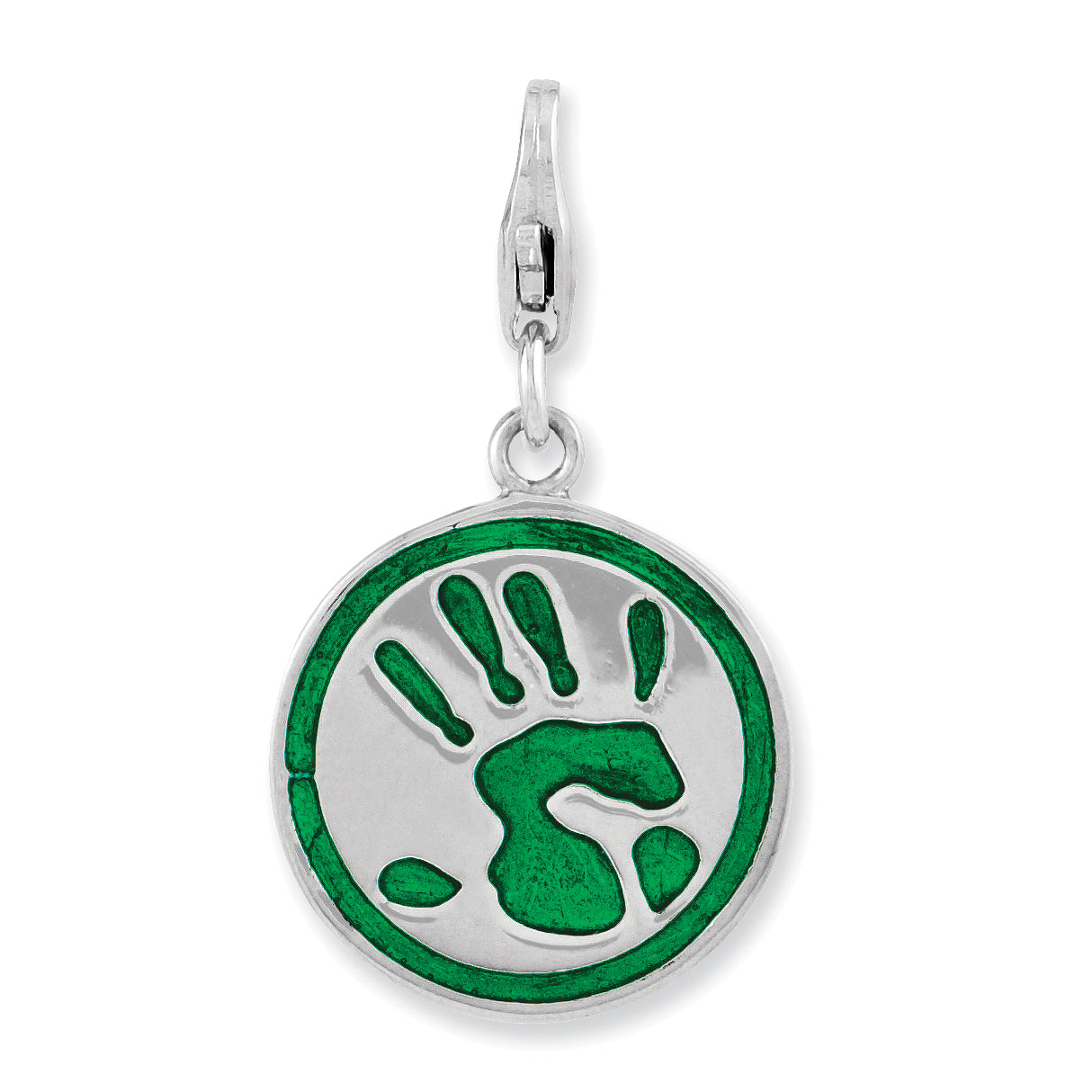 Sterling Silver Amore La Vita Rhodium-Plated Polished 3-D Enameled Reversible Handprint Go Green Charm With Fancy Lobster Clasp