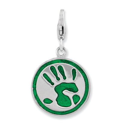 Sterling Silver Amore La Vita Rhodium-Plated Polished 3-D Enameled Reversible Handprint Go Green Charm With Fancy Lobster Clasp