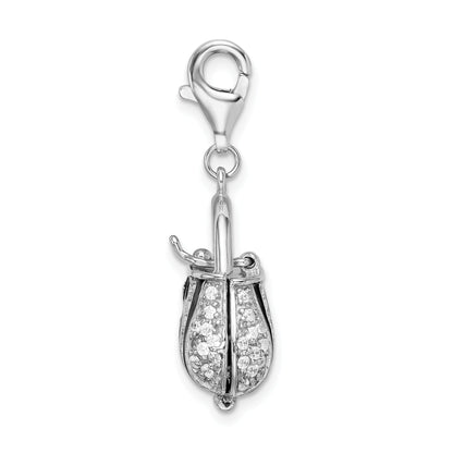 Sterling Silver Amore La Vita Rhodium-Plated Polished 3-D Moveable Black Enameled Cz Handbag Charm With Fancy Lobster Clasp