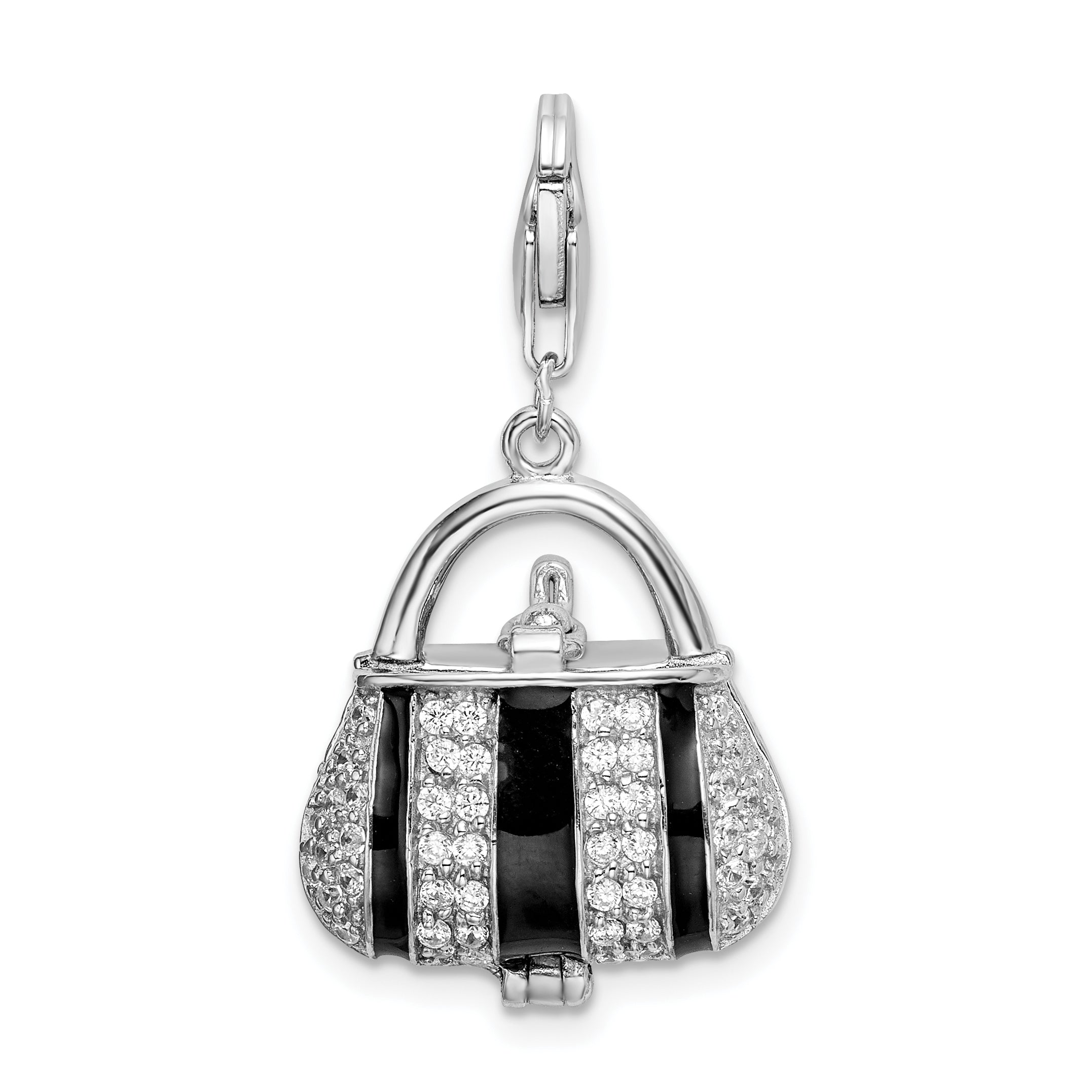 Sterling Silver Amore La Vita Rhodium-Plated Polished 3-D Moveable Black Enameled Cz Handbag Charm With Fancy Lobster Clasp