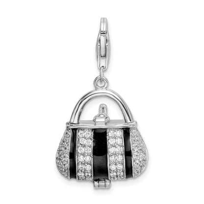 Sterling Silver Amore La Vita Rhodium-Plated Polished 3-D Moveable Black Enameled Cz Handbag Charm With Fancy Lobster Clasp