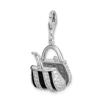 Sterling Silver Amore La Vita Rhodium-Plated Polished 3-D Moveable Black Enameled Cz Handbag Charm With Fancy Lobster Clasp