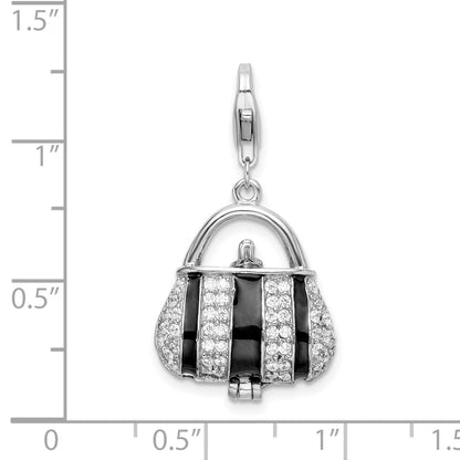 Sterling Silver Amore La Vita Rhodium-Plated Polished 3-D Moveable Black Enameled Cz Handbag Charm With Fancy Lobster Clasp