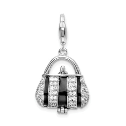 Sterling Silver Amore La Vita Rhodium-Plated Polished 3-D Moveable Black Enameled Cz Handbag Charm With Fancy Lobster Clasp