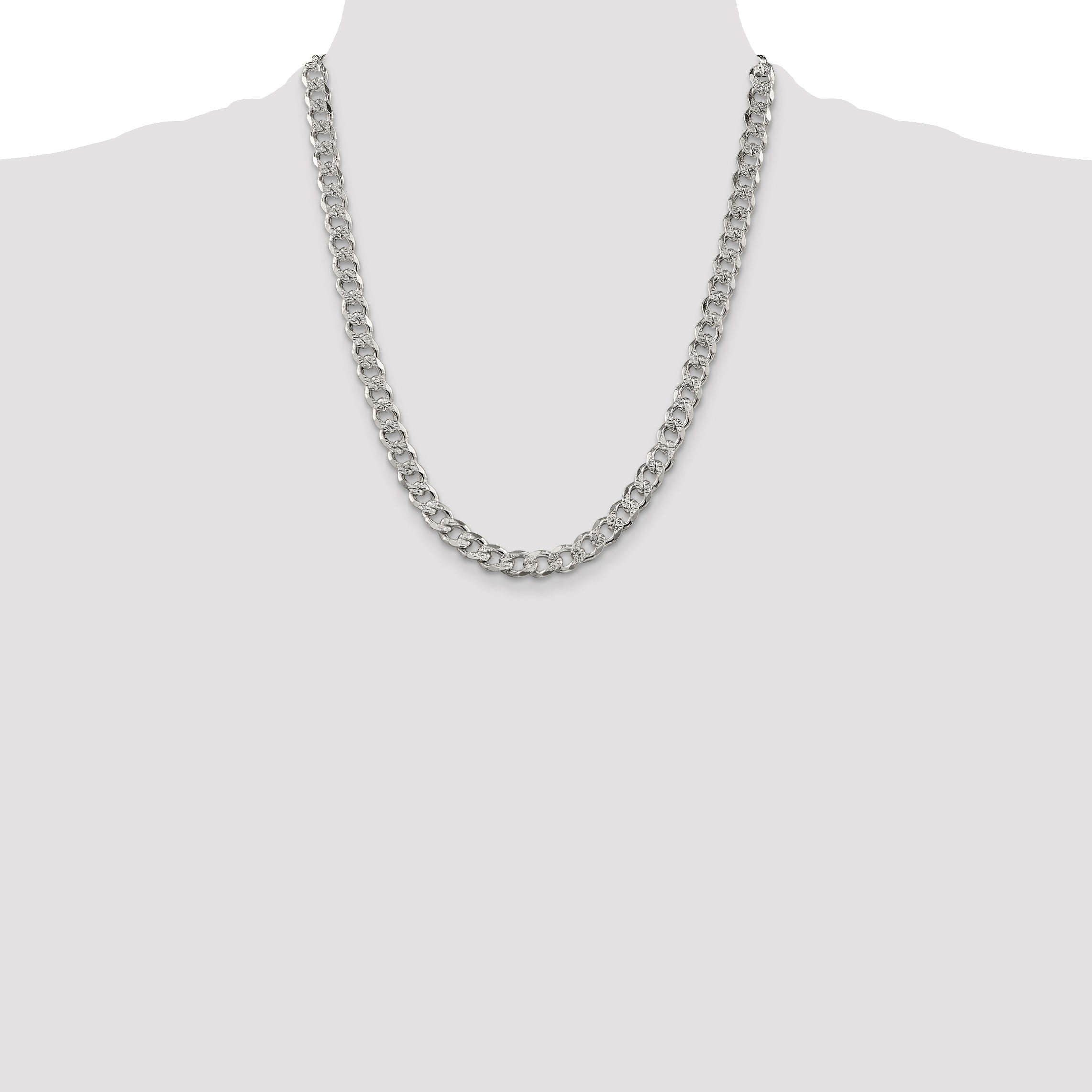 22 Inch Sterling Silver 7.5mm Pave Curb Chain Necklace