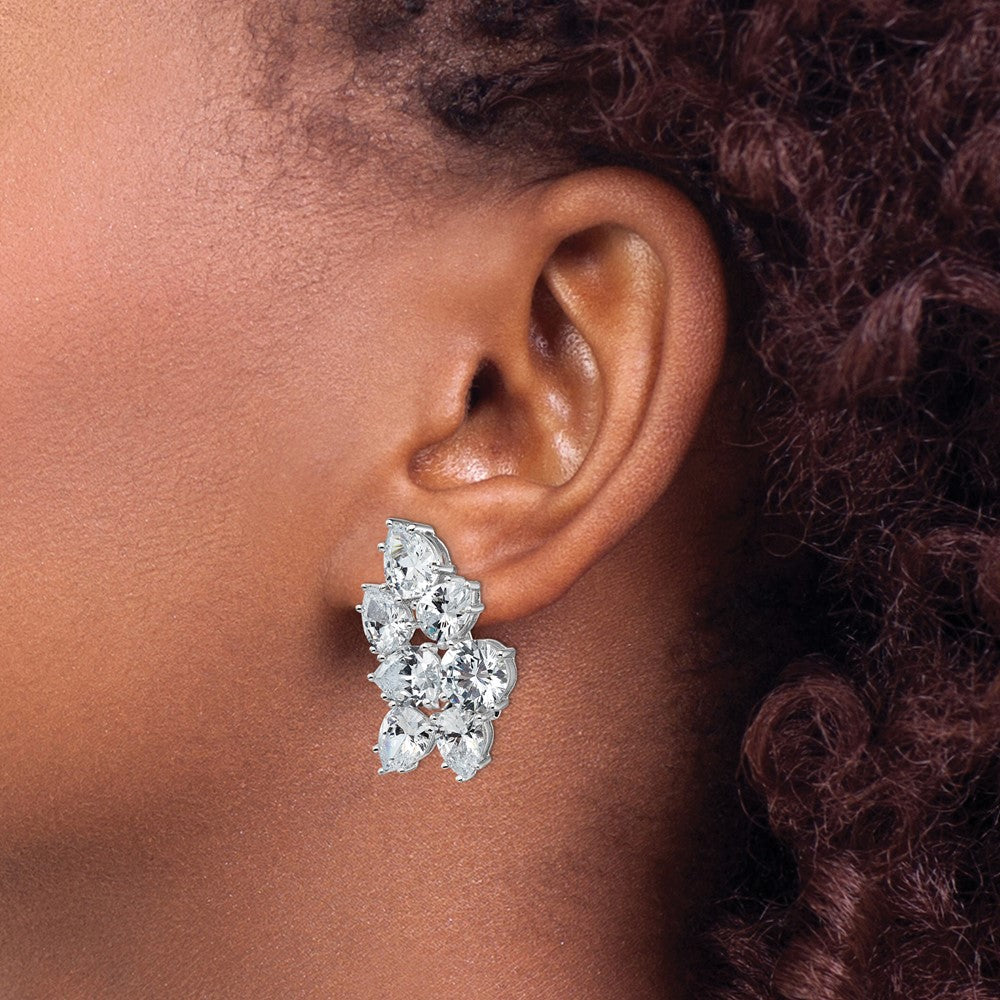 Sterling Silver Cheryl M Rhodium-Plated Fancy Brilliant-Cut Cz Cluster Omega Back Earrings