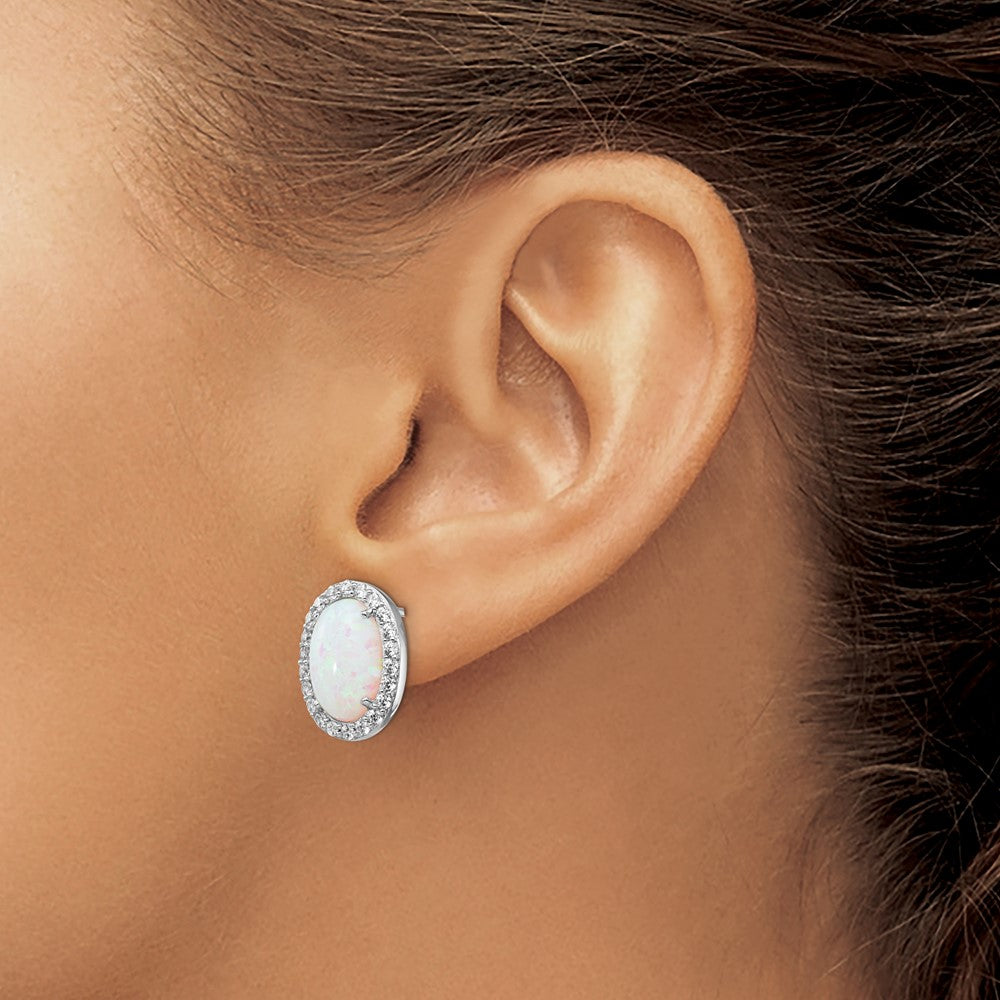 Sterling Silver Cheryl M Rhodium-Plated Cabochon Lab Created Opal And Brilliant-Cut Cz Oval Halo Post Earrings