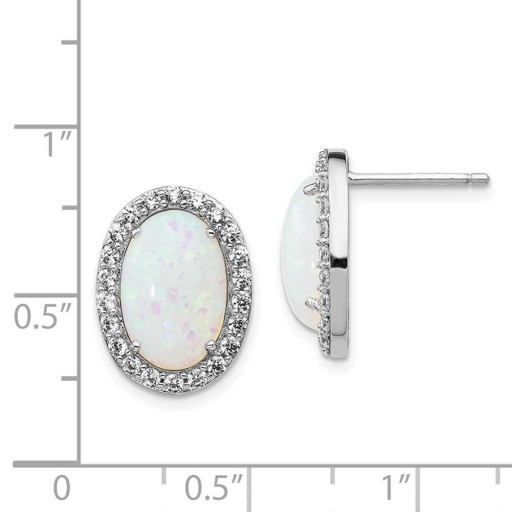 Sterling Silver Cheryl M Rhodium-Plated Cabochon Lab Created Opal And Brilliant-Cut Cz Oval Halo Post Earrings