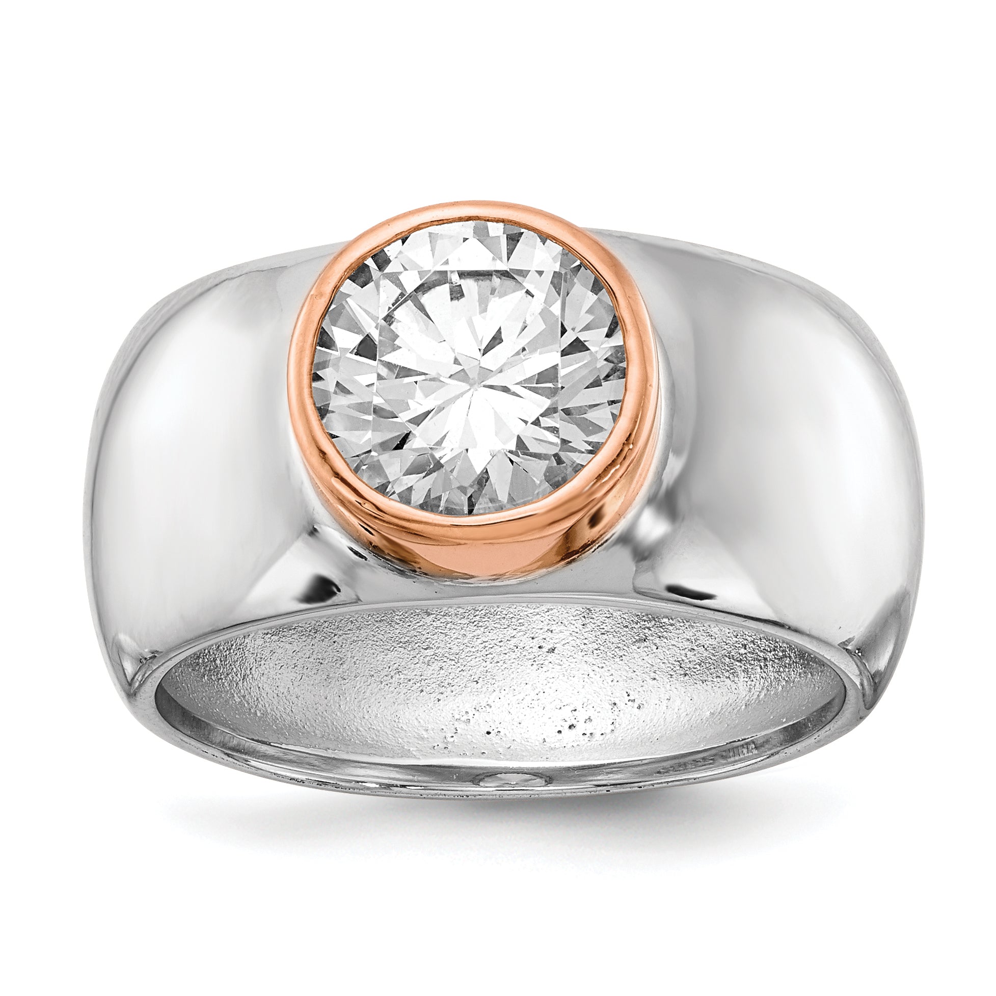 Sterling Silver Cheryl M Rhodium-Plated And Rose Gold-Plated Accent Brilliant-Cut Cz Bezel Ring