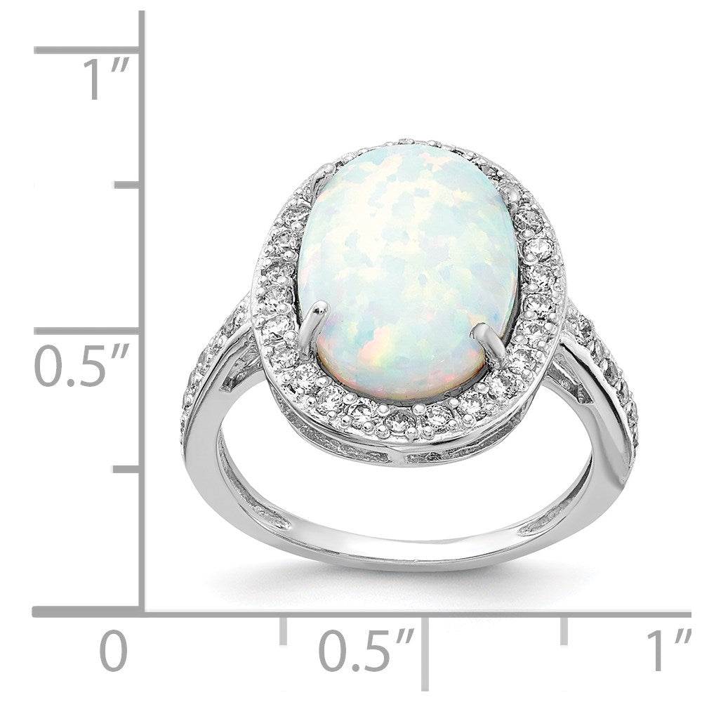 Sterling Silver Cheryl M Rhodium-Plated Cabochon Lab Created Opal And Brilliant-Cut Cz Oval Halo Ring