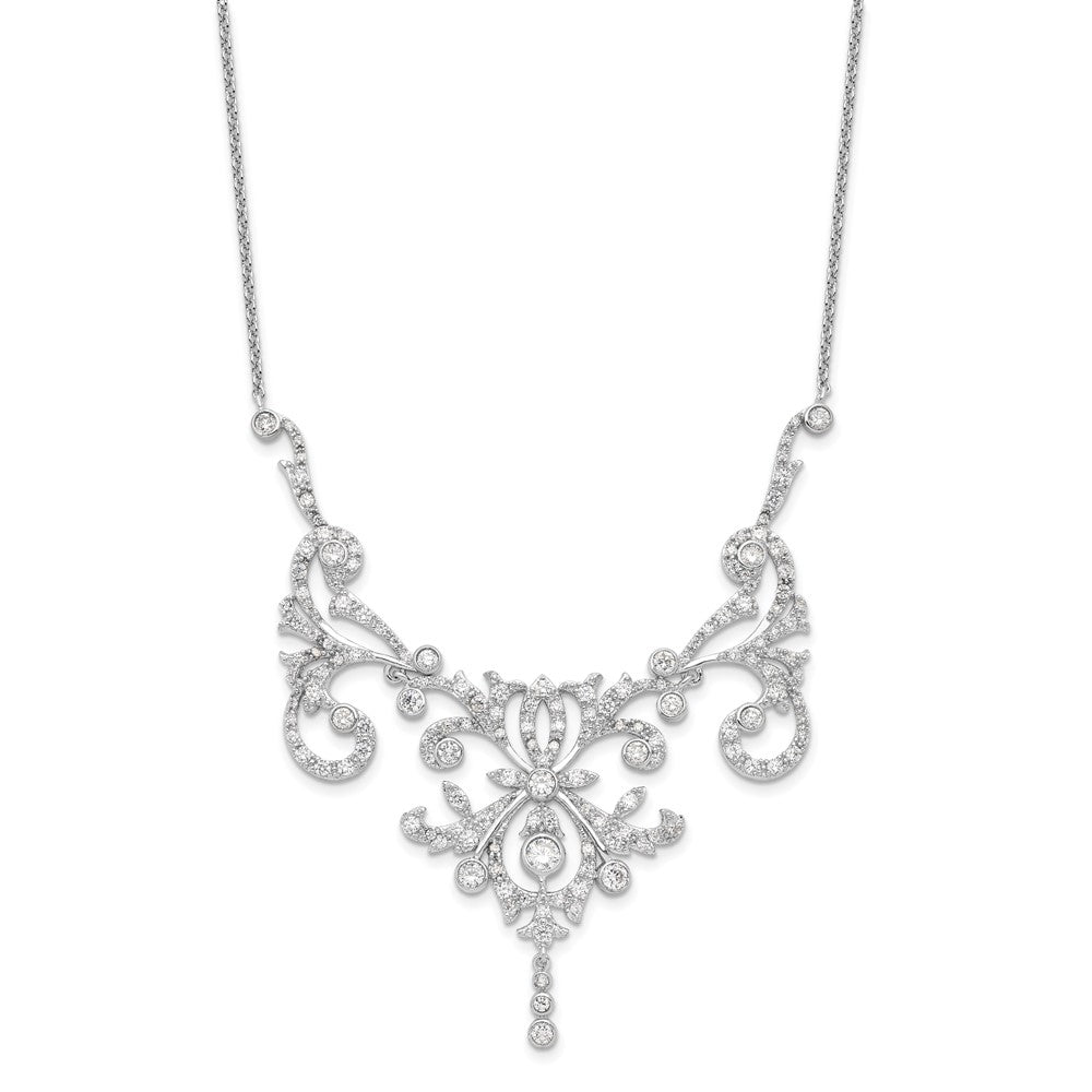 Sterling Silver Cheryl M Rhodium-Plated Brilliant-Cut Cz Bezel Fancy Scroll 17 Inch Necklace With 2 Extender