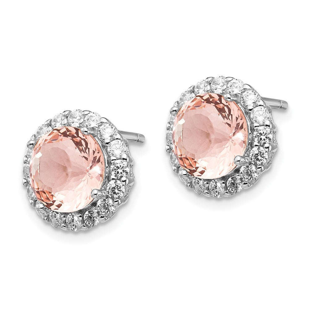 Sterling Silver Cheryl M Rhodium-Plated 100 Facet Simulated Morganite And White Brilliant-Cut Cz Halo Post Earrings