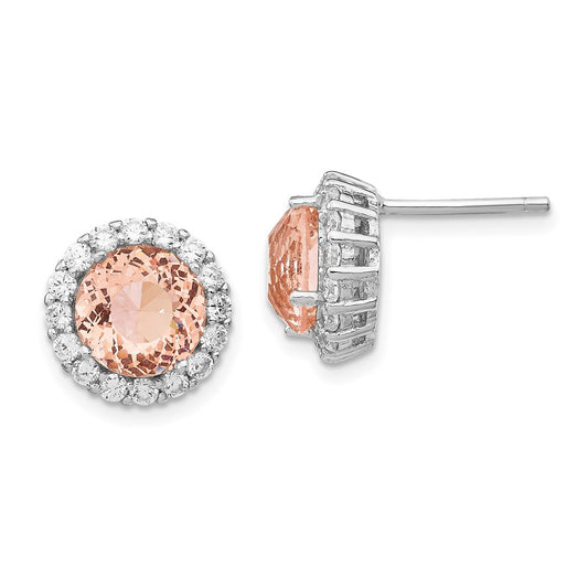 Sterling Silver Cheryl M Rhodium-Plated 100 Facet Simulated Morganite And White Brilliant-Cut Cz Halo Post Earrings