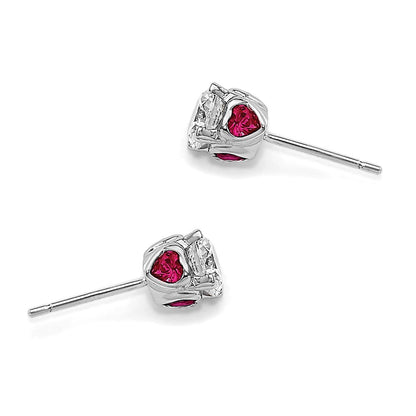Sterling Silver Cheryl M Rhodium-Plated Brilliant-Cut Lab Created Ruby And White Cz With Heart Sides Stud Post Earrings