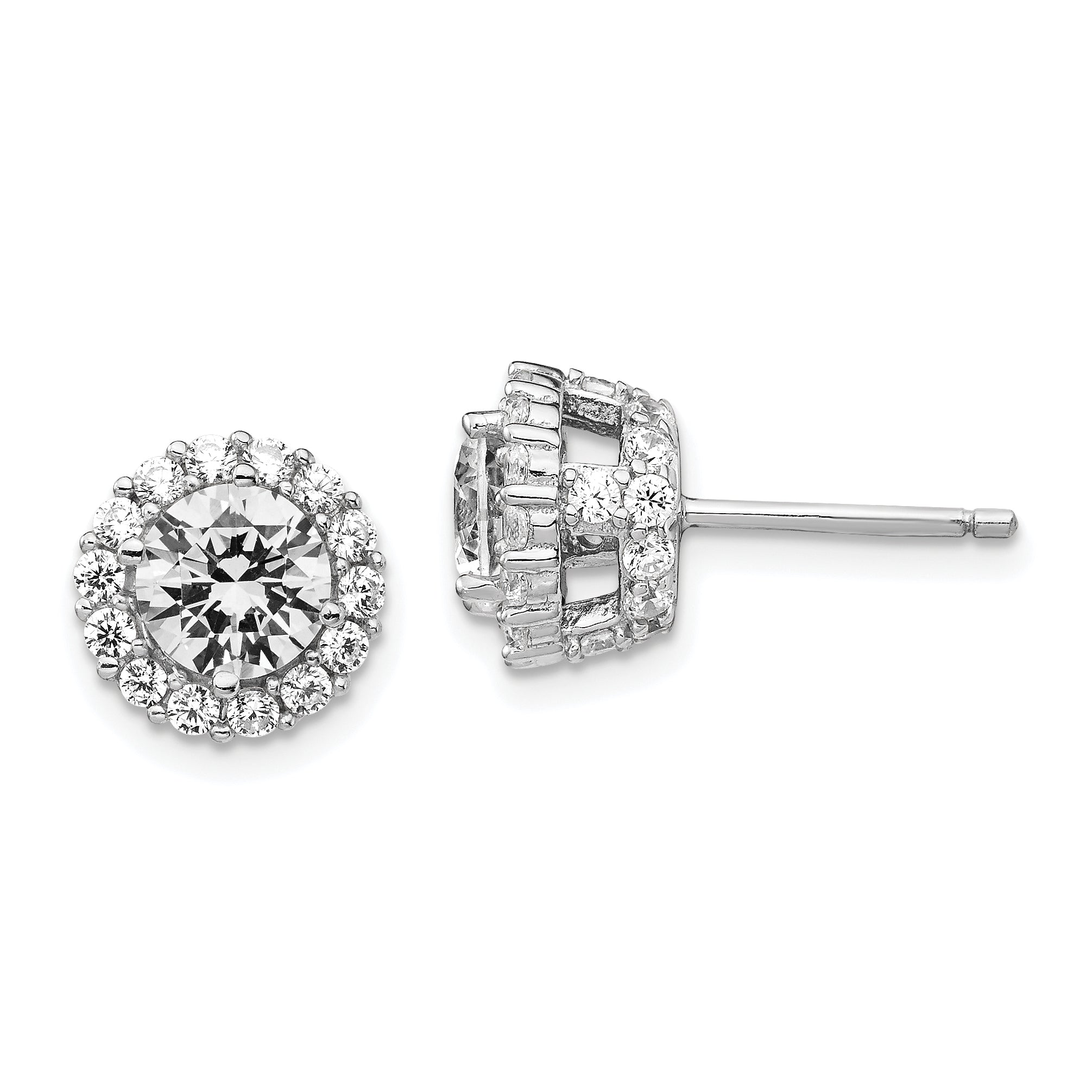 Sterling Silver Cheryl M Rhodium-Plated Brilliant-Cut Cz Round Halo Post Earrings