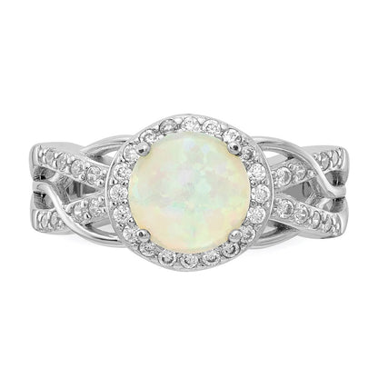 Sterling Silver Cheryl M Rhodium-Plated Cabochon Lab Created Opal And Brilliant-Cut Cz Woven Pattern Ring