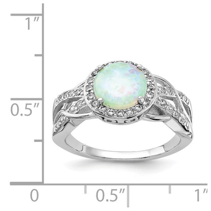 Sterling Silver Cheryl M Rhodium-Plated Cabochon Lab Created Opal And Brilliant-Cut Cz Woven Pattern Ring