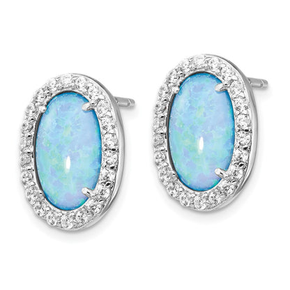 Sterling Silver Cheryl M Rhodium-Plated Cabochon Lab Created Blue Opal And Brilliant-Cut Cz Oval Post Earrings