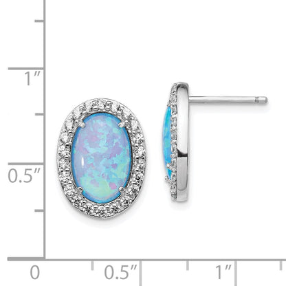 Sterling Silver Cheryl M Rhodium-Plated Cabochon Lab Created Blue Opal And Brilliant-Cut Cz Oval Post Earrings