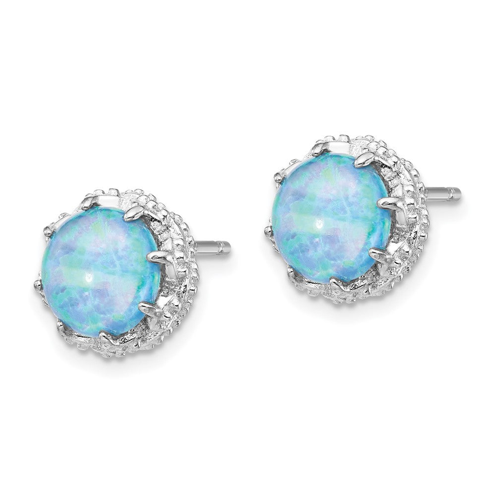 Sterling Silver Cheryl M Rhodium-Plated Cabochon Lab Created Blue Opal And Brilliant-Cut Cz Post Earrings