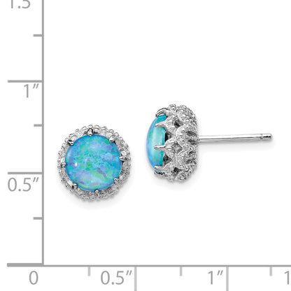 Sterling Silver Cheryl M Rhodium-Plated Cabochon Lab Created Blue Opal And Brilliant-Cut Cz Post Earrings