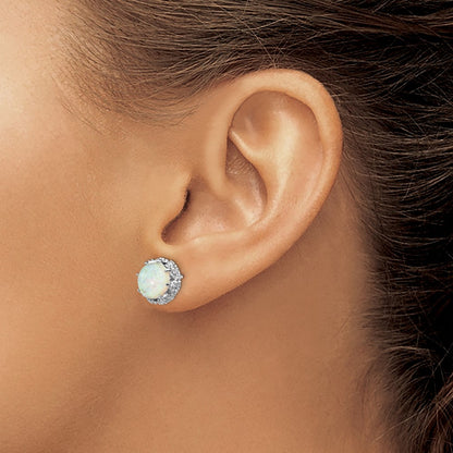Sterling Silver Cheryl M Rhodium-Plated Cabochon Lab Created Opal And Brilliant-Cut Cz Post Stud Earrings
