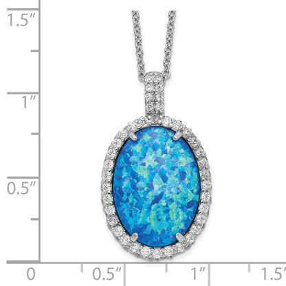 Sterling Silver Cheryl M Rhodium-Plated Cabochon Lab Created Blue Opal And Brilliant-Cut Cz Oval 18.5 Inch Necklace