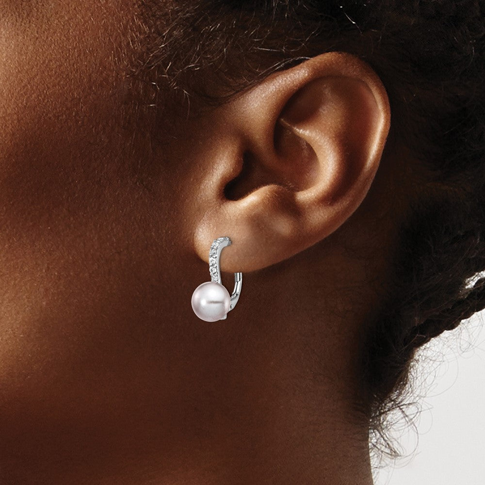 Sterling Silver Cheryl M Rhodium-Plated Grey Freshwater Cultured Pearl And Brilliant-Cut Cz Leverback Earrings