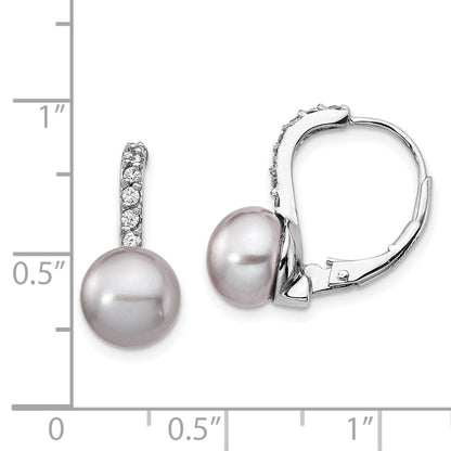 Sterling Silver Cheryl M Rhodium-Plated Grey Freshwater Cultured Pearl And Brilliant-Cut Cz Leverback Earrings