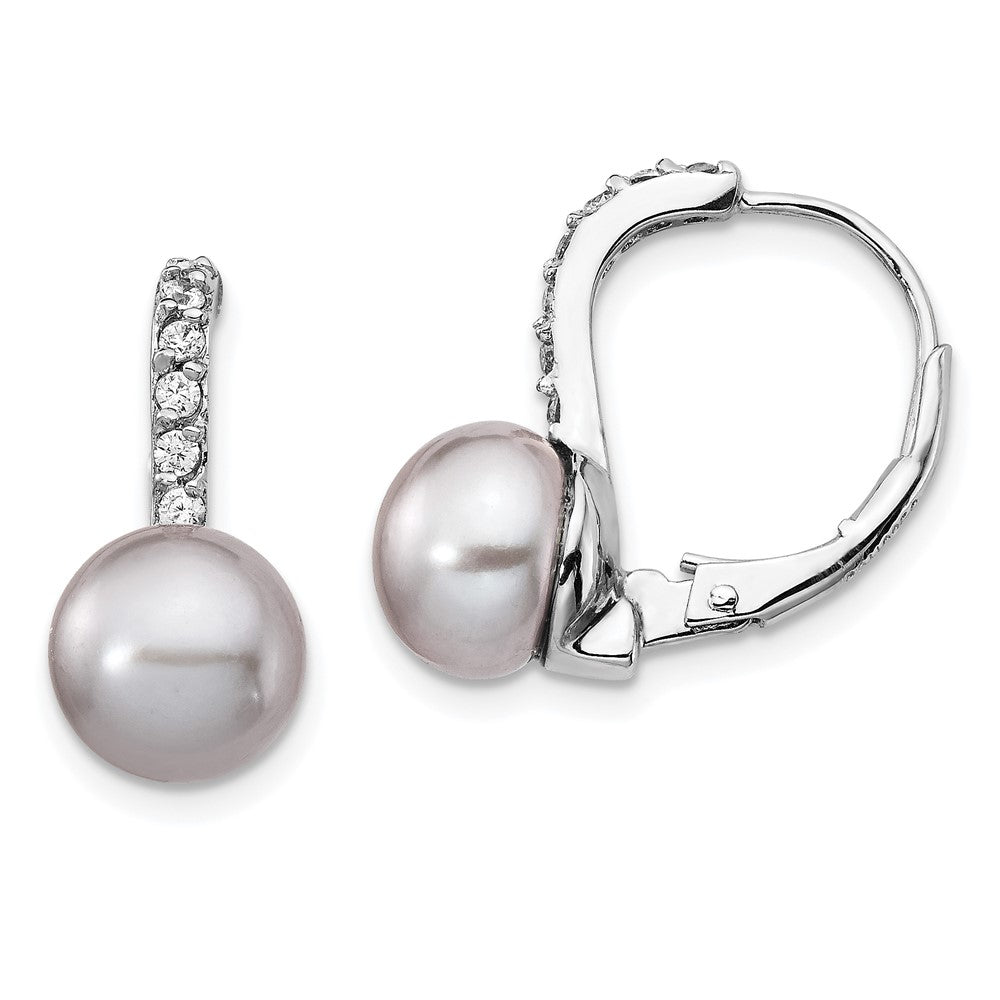 Sterling Silver Cheryl M Rhodium-Plated Grey Freshwater Cultured Pearl And Brilliant-Cut Cz Leverback Earrings