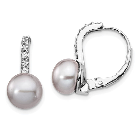 Sterling Silver Cheryl M Rhodium-Plated Grey Freshwater Cultured Pearl And Brilliant-Cut Cz Leverback Earrings
