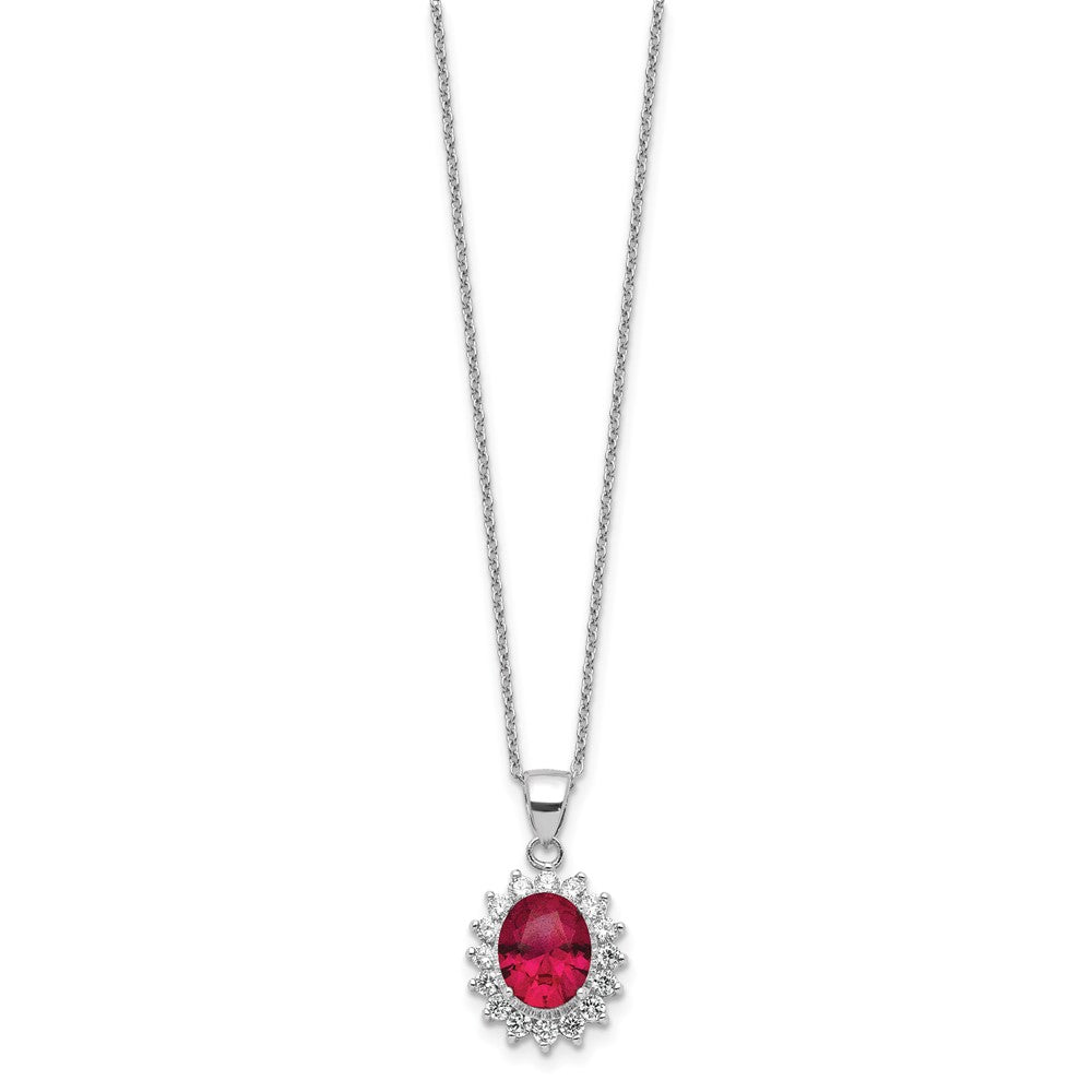 Sterling Silver Cheryl M Rhodium-Plated Brilliant-Cut Lab Created Ruby And White Cz Oval Halo 18.25 Inch Necklace