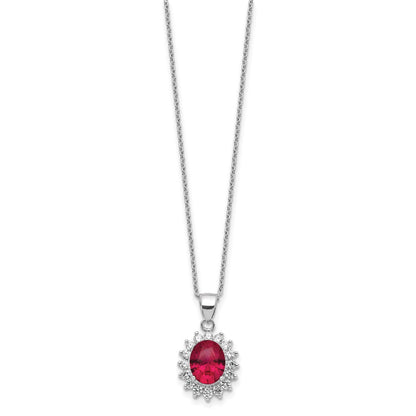 Sterling Silver Cheryl M Rhodium-Plated Brilliant-Cut Lab Created Ruby And White Cz Oval Halo 18.25 Inch Necklace