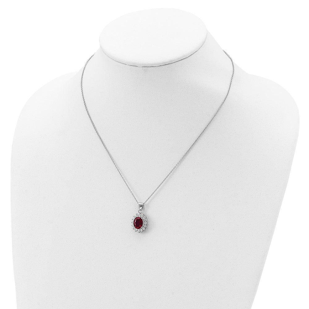 Sterling Silver Cheryl M Rhodium-Plated Brilliant-Cut Lab Created Ruby And White Cz Oval Halo 18.25 Inch Necklace
