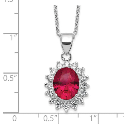Sterling Silver Cheryl M Rhodium-Plated Brilliant-Cut Lab Created Ruby And White Cz Oval Halo 18.25 Inch Necklace