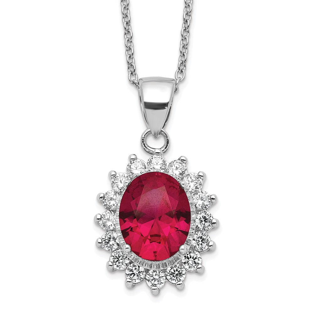 Sterling Silver Cheryl M Rhodium-Plated Brilliant-Cut Lab Created Ruby And White Cz Oval Halo 18.25 Inch Necklace