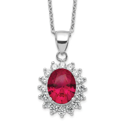 Sterling Silver Cheryl M Rhodium-Plated Brilliant-Cut Lab Created Ruby And White Cz Oval Halo 18.25 Inch Necklace