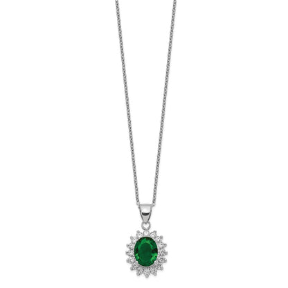Sterling Silver Cheryl M Rhodium-Plated Brilliant-Cut Green Glass And White Cz Oval 18.25 Inch Necklace