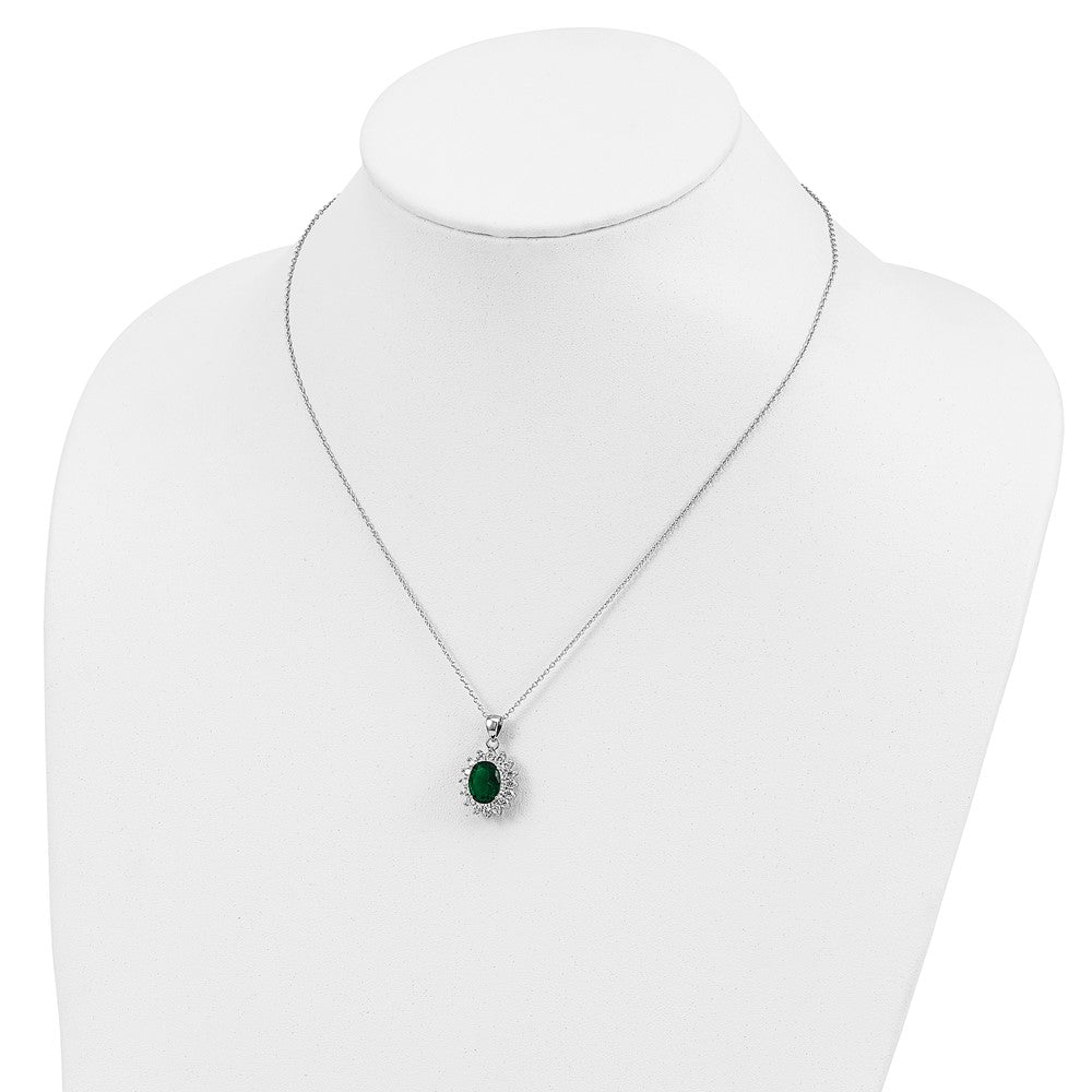 Sterling Silver Cheryl M Rhodium-Plated Brilliant-Cut Green Glass And White Cz Oval 18.25 Inch Necklace