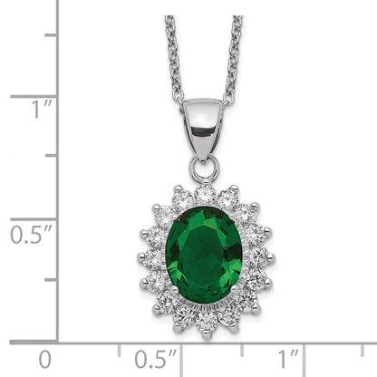 Sterling Silver Cheryl M Rhodium-Plated Brilliant-Cut Green Glass And White Cz Oval 18.25 Inch Necklace